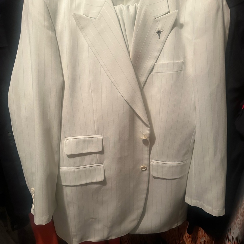 Classic White Pinstripe Men's Single Breast Suit With Light Green Pinstripes